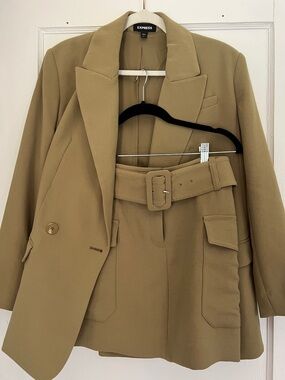 Express Oversized Double-Breasted Blazer Skirt Set - Olive Green